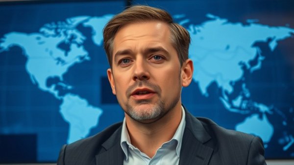 Confident man in a broadcast setting with world map backdrop.