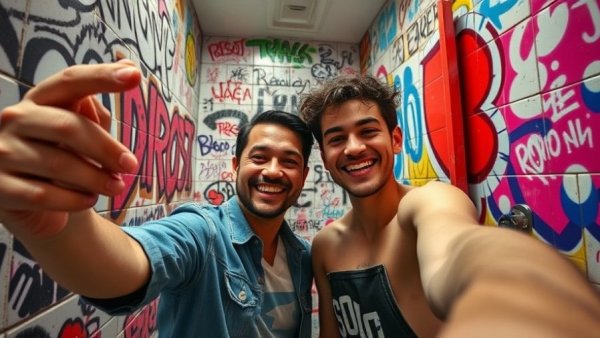 Vivid bathroom selfie with two people, graffiti background.