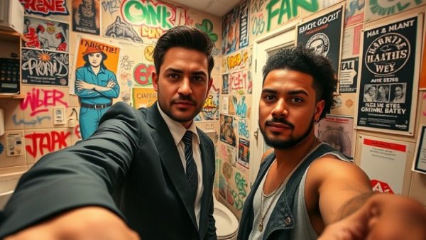 Intimate selfie in graffiti-covered bathroom with serious expressions.