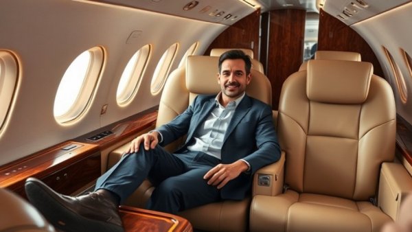 Elite accountability setting with man on aircraft sofa.