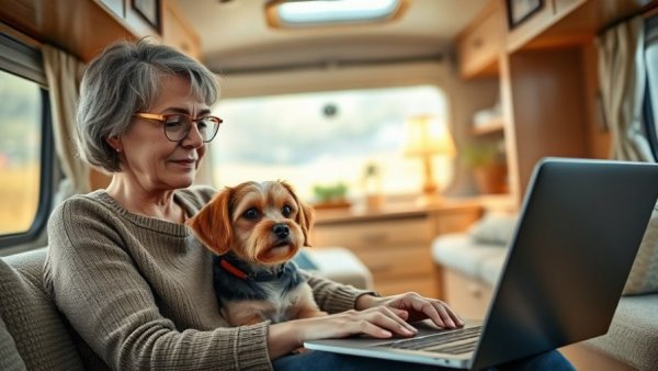 Middle-aged woman impacted by Medicaid work requirements using a laptop in an RV.