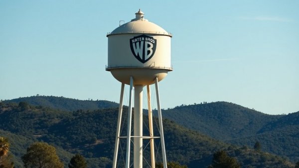 Warner Bros. water tower against a hilly backdrop under autumn light.