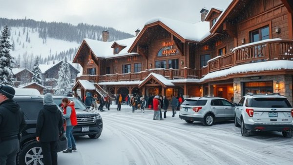 Cozy ski lodge with crowd and snow, chairlift incident scene.
