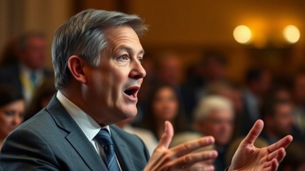 Engaged middle-aged man speaking passionately about underfunding of Olympians.