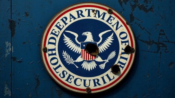 Department of Homeland Security sign with wear, symbolizing shutdown.