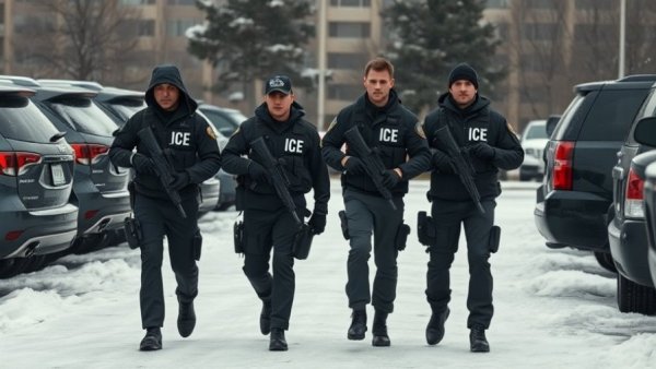 ICE agents patrol snowy parking lot amid DHS immigration controversy.