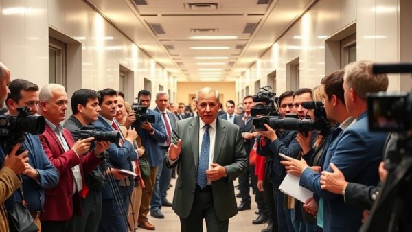 Press conference urging Epstein files transparency in a busy hallway.