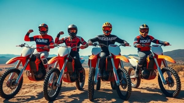 Confident motocross riders in vibrant gear with dirt bikes under clear sky.