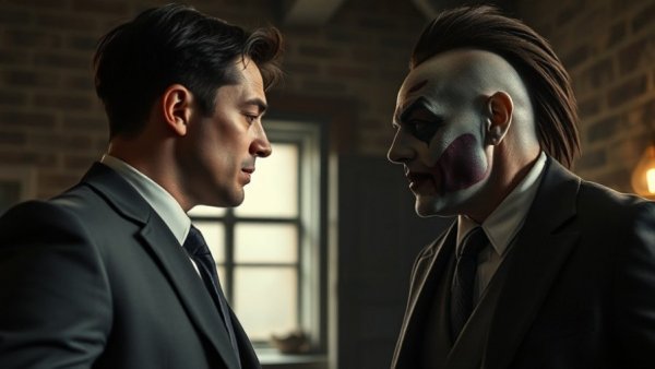 BatJokes Batman Joker intense confrontation in dimly lit room.