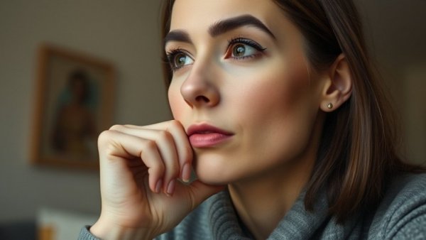 Contemplative woman with thoughtful expression at event.