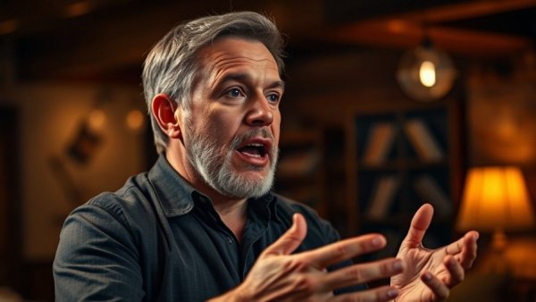 Man discussing passionately indoors with dramatic lighting