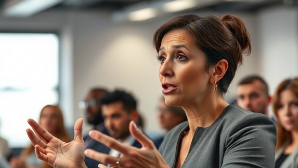 Woman passionately speaking in professional setting, Epstein Files Transparency.