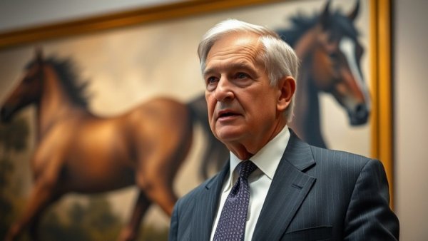 Older man speaking in front of horse painting during Epstein files fallout.