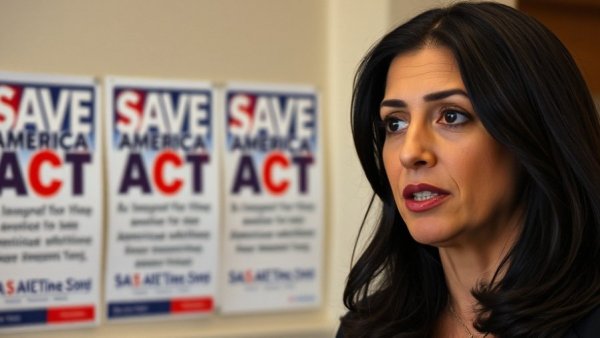 Woman discussing election laws near SAVE Act posters, highlighting election integrity.
