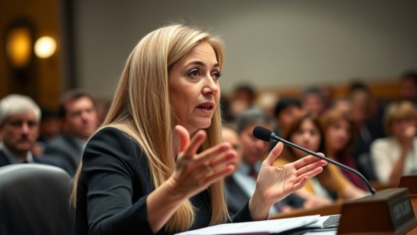 Focused woman giving testimony on accountability, bright indoor setting.