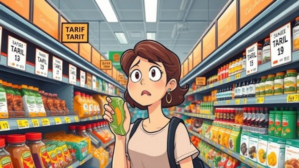 House GOP tariffs impact on America illustrated in a grocery store cartoon with tariff labels.