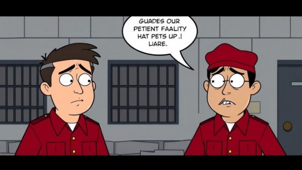 Cartoon Detention Facilities with anxious individuals and guards.