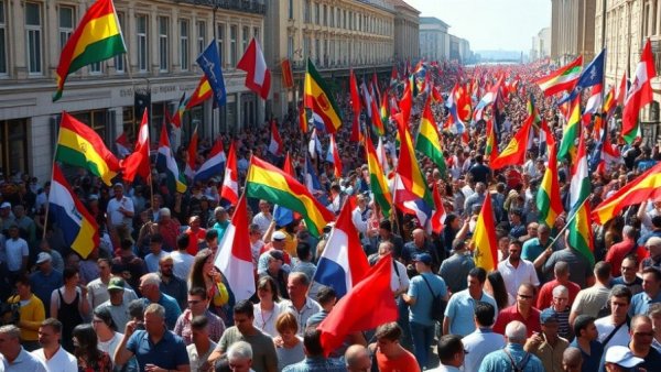 Diverse crowd in Toronto protesting with flags and signs.