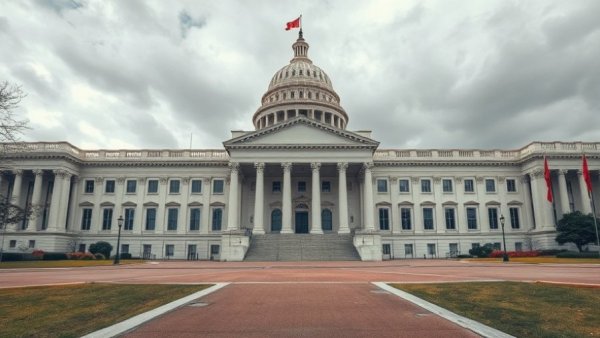 Empty government building symbolizing a crisis, muted colors, cloudy sky.