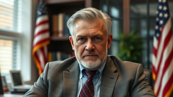 Serious middle-aged man sitting in office with flag, discussing Trump's election rigging plot.