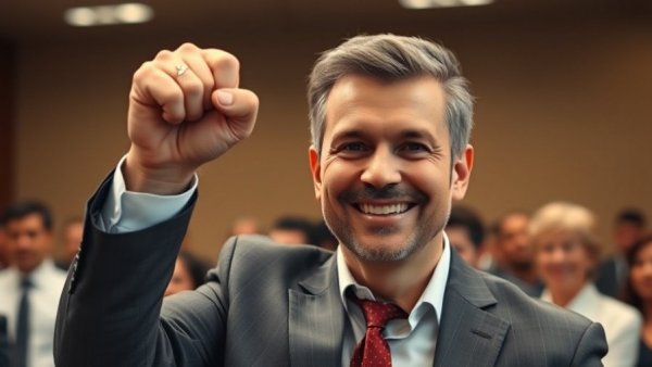 Confident middle-aged man raising fist in formal indoor setting, LGBTQ+ rights news.