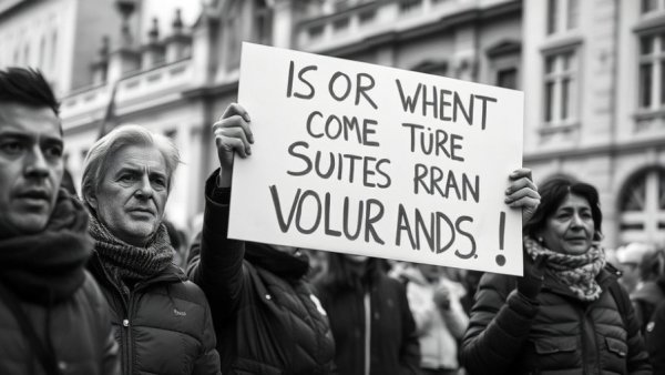Individuals display sign with political message, captured in monochrome.
