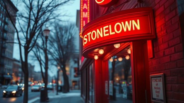 Neon Stonewall Inn sign reflecting city street, winter dusk.