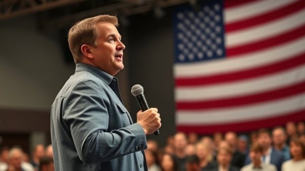 Speaker discusses issues in front of American flag backdrop at event.