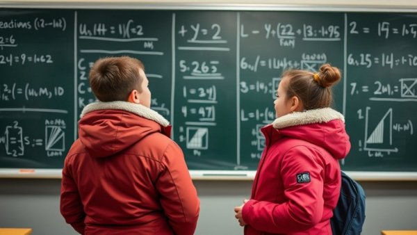 Students discussing math problems on a classroom chalkboard.