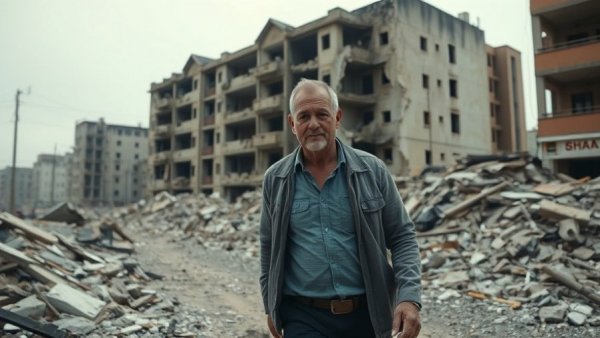 War-torn city with debris and damaged buildings reflecting conflict.