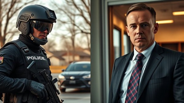 DOJ Drops Charges Against Minneapolis Men with armed officer and man in suit.