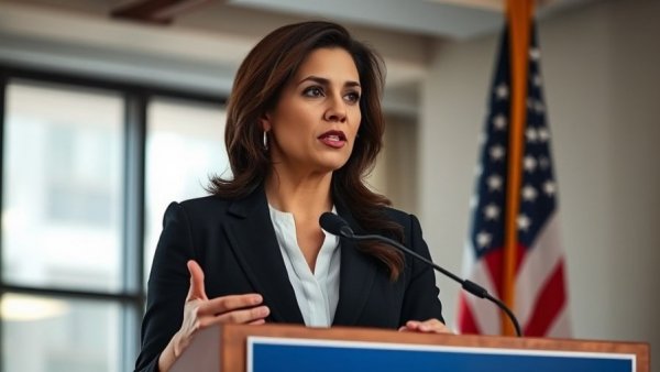 Tricia McLaughlin addressing media at DHS event with serious expression.