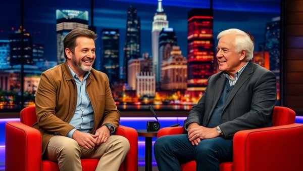 Two men in a talk show setting with cityscape backdrop, discussion.