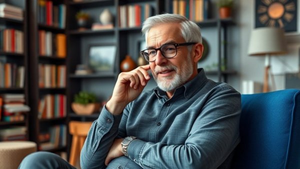 Anderson Cooper in a studio setting, reflecting, colorful decor.
