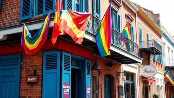 Queer Culture Mardi Gras New Orleans bar with rainbow flags and blue shutters.