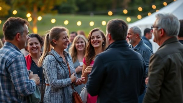 Outdoor event attendees smiling and interacting in grassy setting.