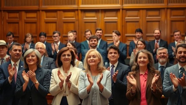 Canadian politicians in chamber with celebratory mood, diverse group applauding.