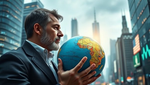 Visionary leader contemplating global affairs in futuristic cityscape.