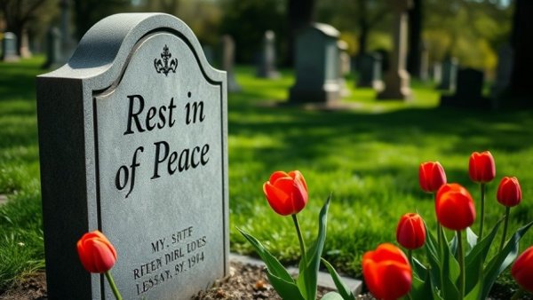 Cemetery with tulips beside a gravestone inscribed 'Rest in Peace'.