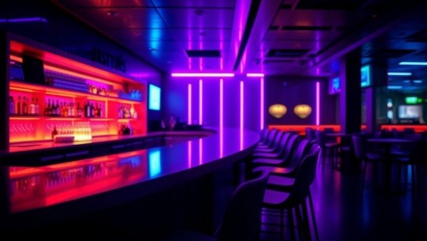 Empty bar counter with vibrant neon lighting in a gay bar.