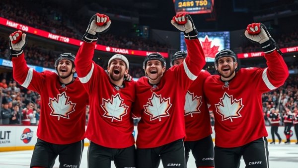Ontario students watch Team Canada hockey players celebrating victory.