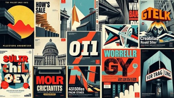 Collage showcasing brutalist graphic design trends 2025 with bold typography.