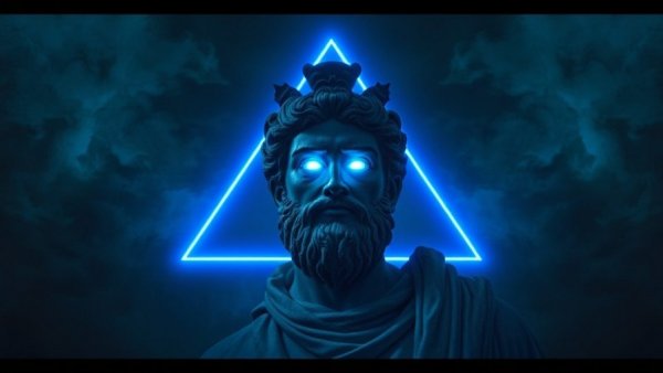 Vaporwave neon effect on statue with triangle backdrop, Photoshop tutorial.