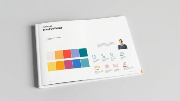 Professional brand guideline book with design elements and icons.