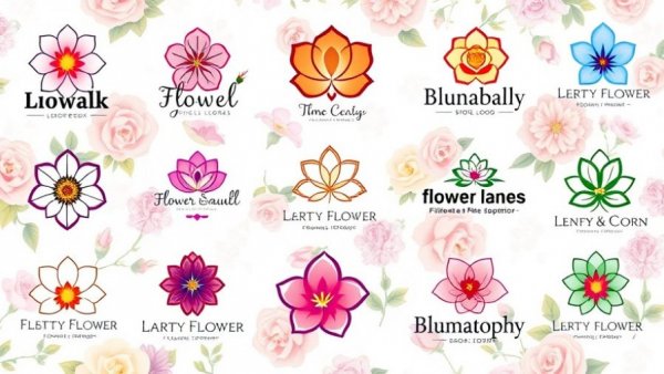 Elegant flower-themed logos arranged on floral background.