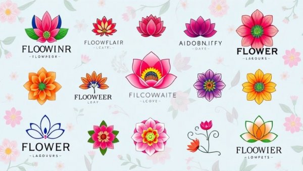 Collection of flower logos for brand identity on a blue floral background.