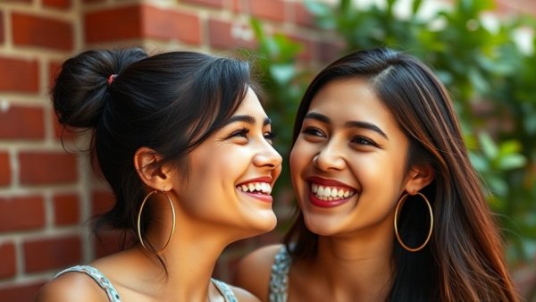 Young women smiling together outdoors, reflecting joy.