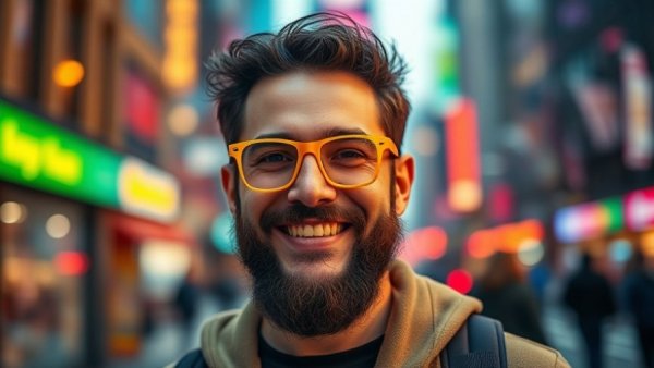 Creative professional discussing how to stay relevant with vibrant city backdrop.