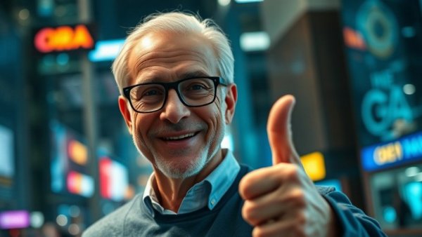 Confident older man smiling with thumbs up in cityscape backdrop.