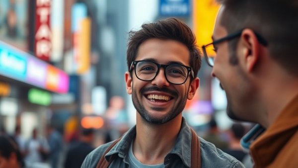 Smiling man discussing AI benefits, local graphic design services.